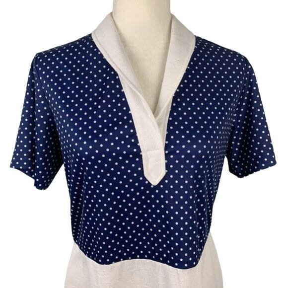 Vintage Polka Dot Linen Blend Dress M Blue White Zip V Neck Collar Rockabilly - Picture 2 of 7